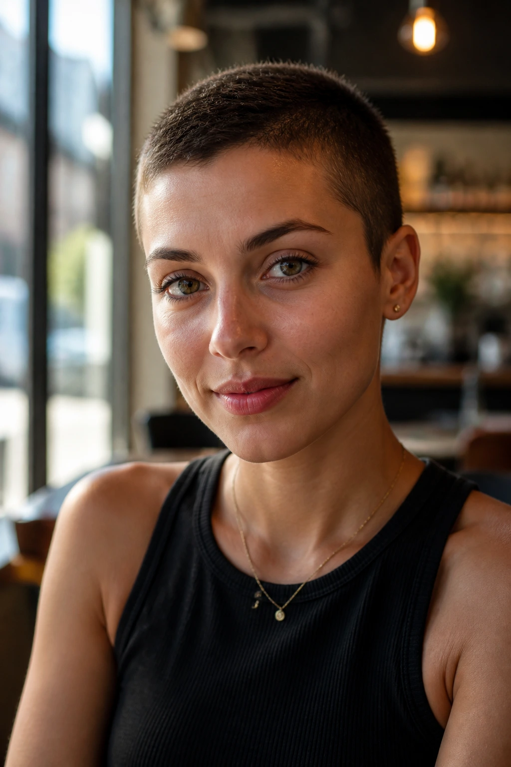 Close-up portrait of a person with a softened buzz cut