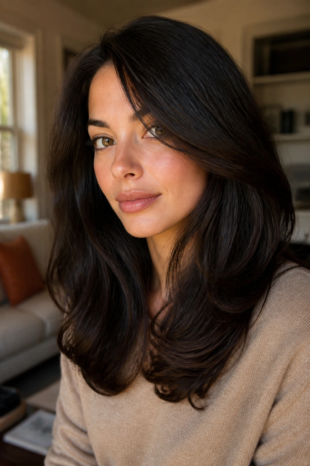 Close-up of a real woman with softly rounded ends on frizzy hair
