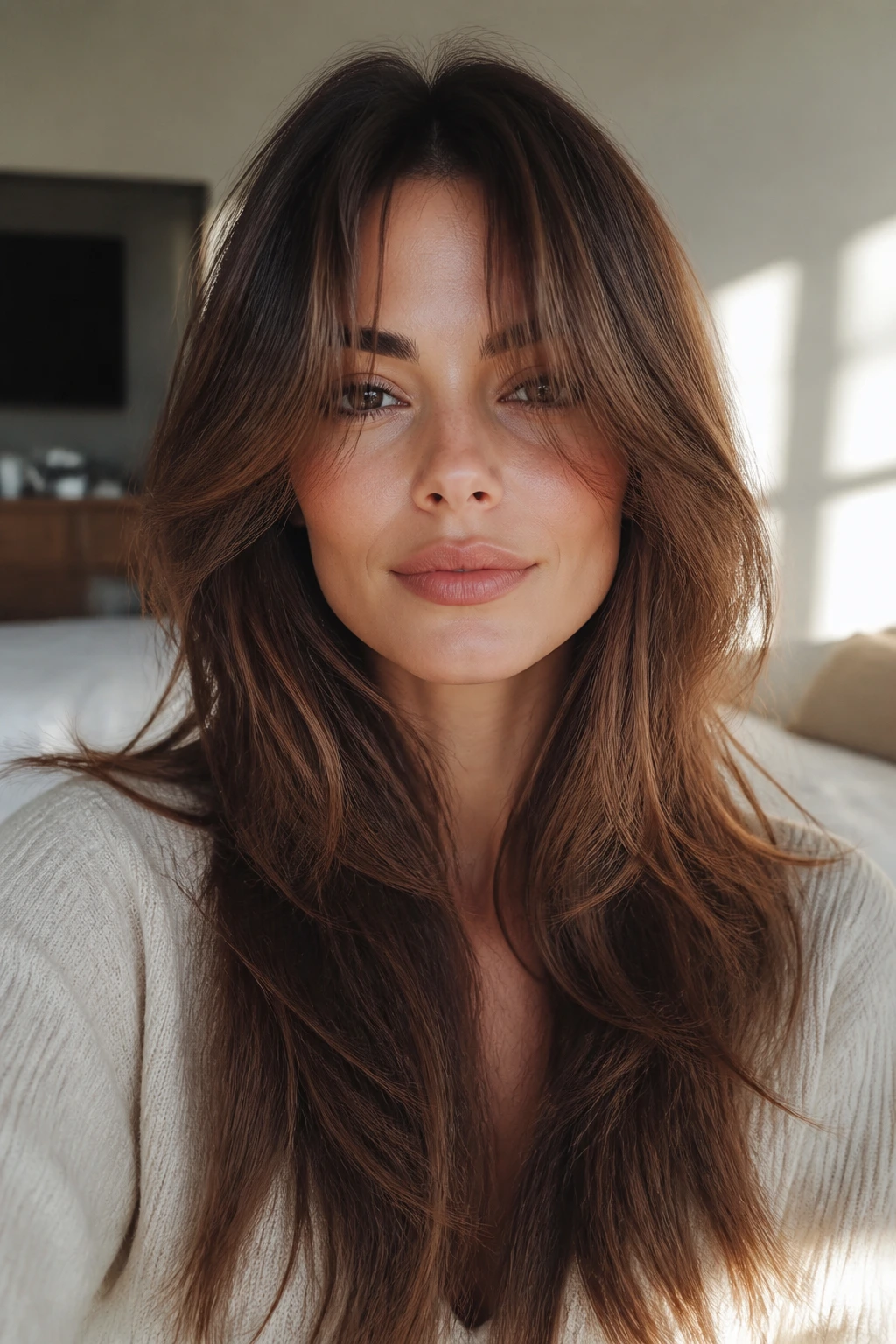 Close-up portrait of a woman with softened layers and curtain fringe framing her face.