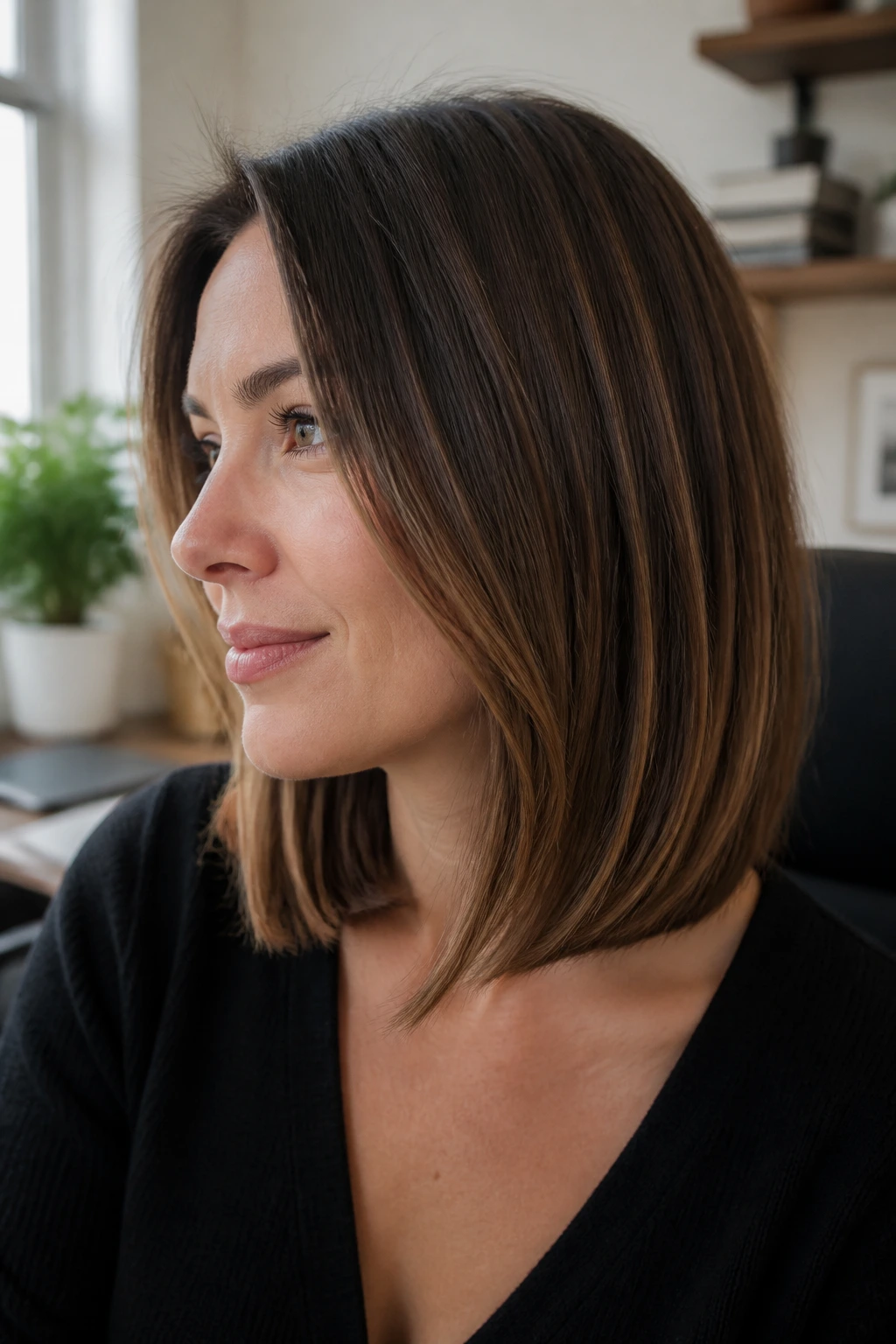 Close-up portrait of a real woman with softly angled long bob