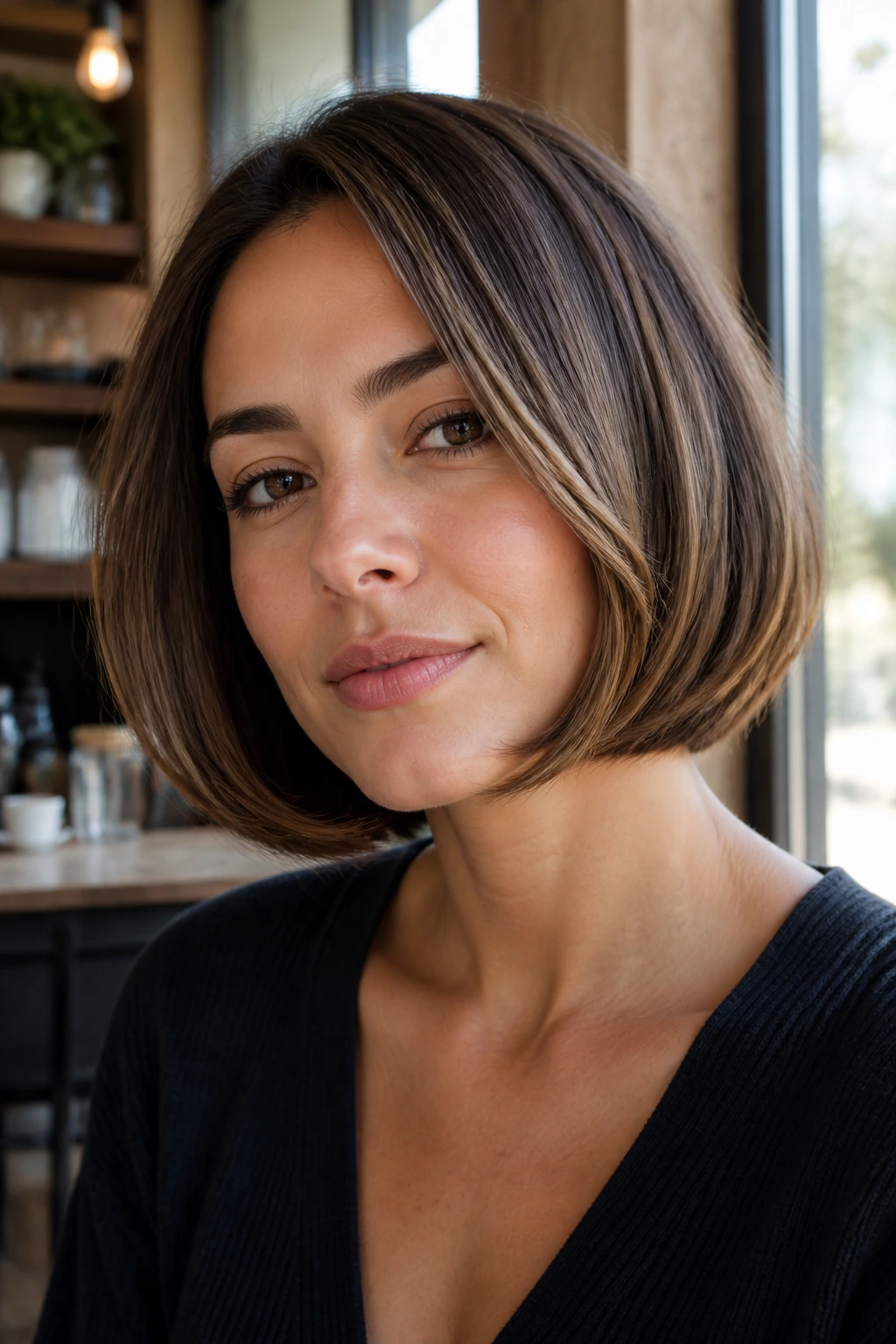 Portrait of a real woman with a softly beveled bob framing the jaw