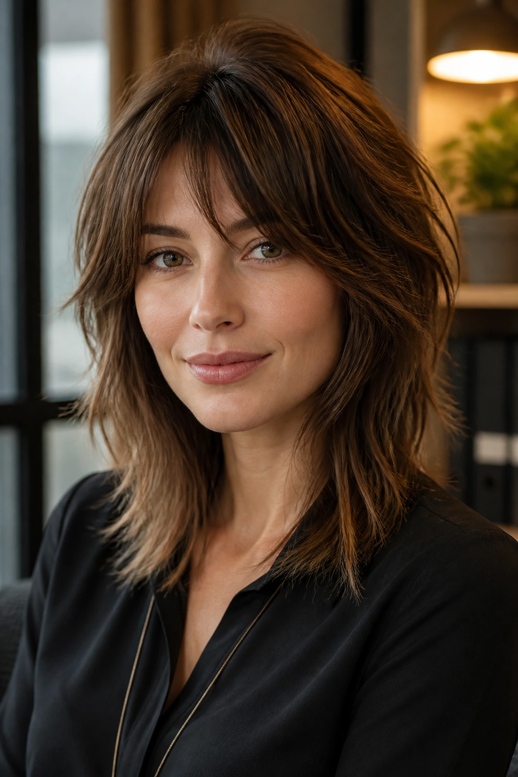 Close-up of a real woman with softly graduated angled shag in an office corner