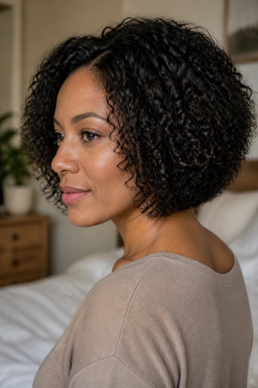 Real woman with softly graduated lob stacked at base of neck in natural light.