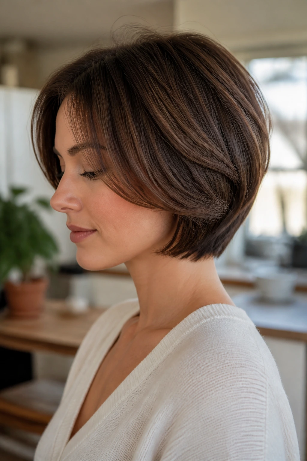Close-up portrait of a woman with a softly graduated low stack hairstyle in a bright home setting