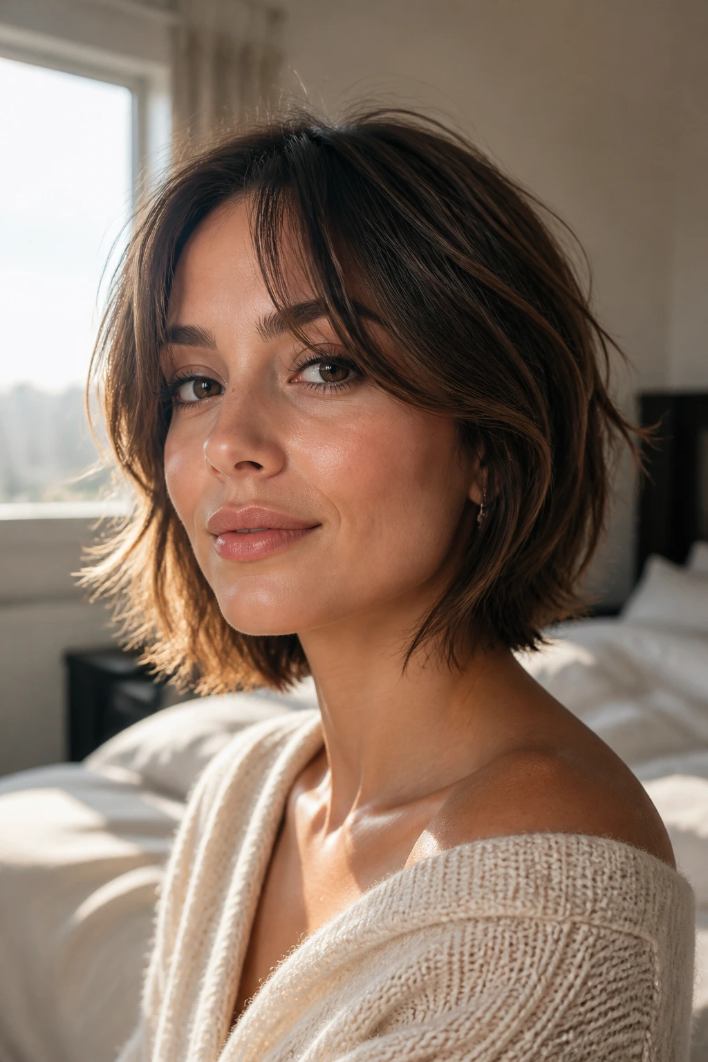 Portrait of a woman with softly layered bob and curtain bangs in natural window light