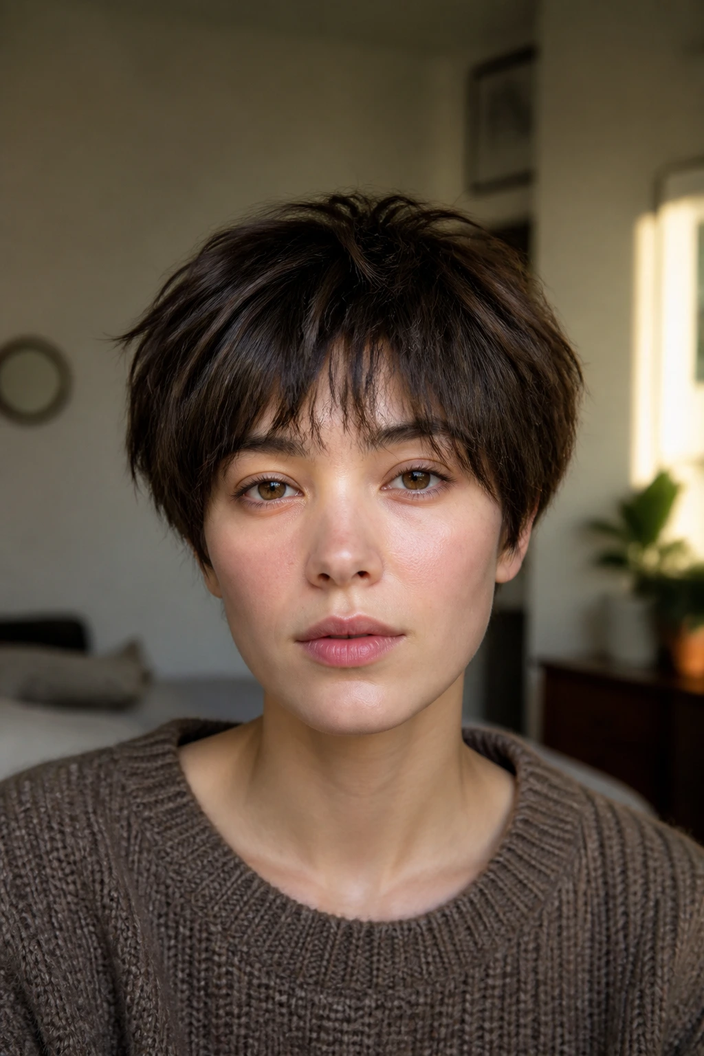Front portrait of a real woman with a softly layered bowl haircut