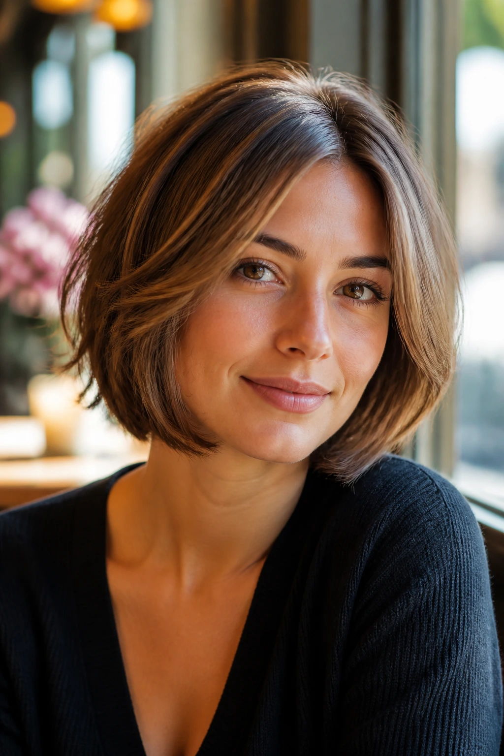 Close-up of a woman with softly layered chin-grazing bob in warm cafe light