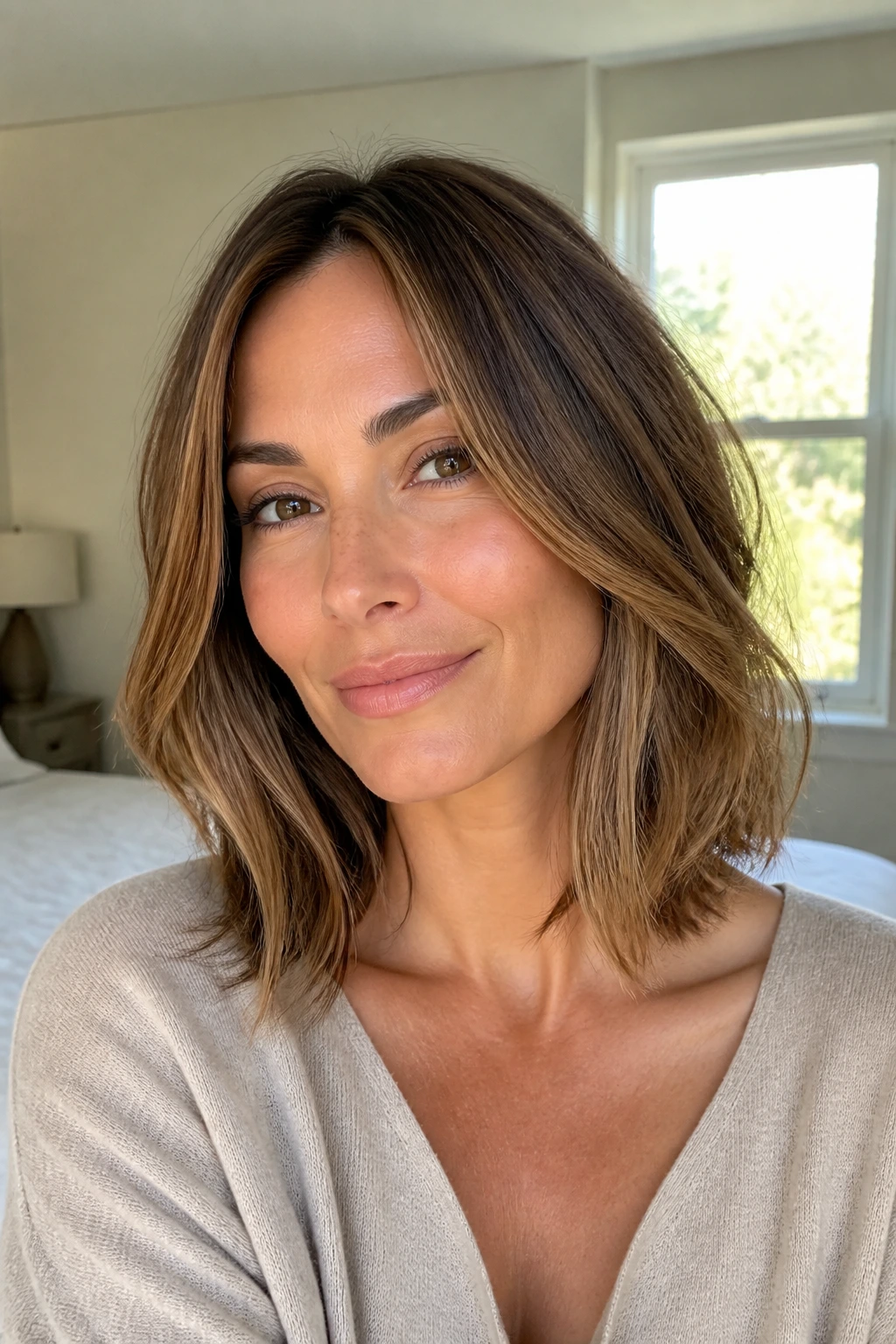 Close-up of a real woman with softly layered collarbone-length cut