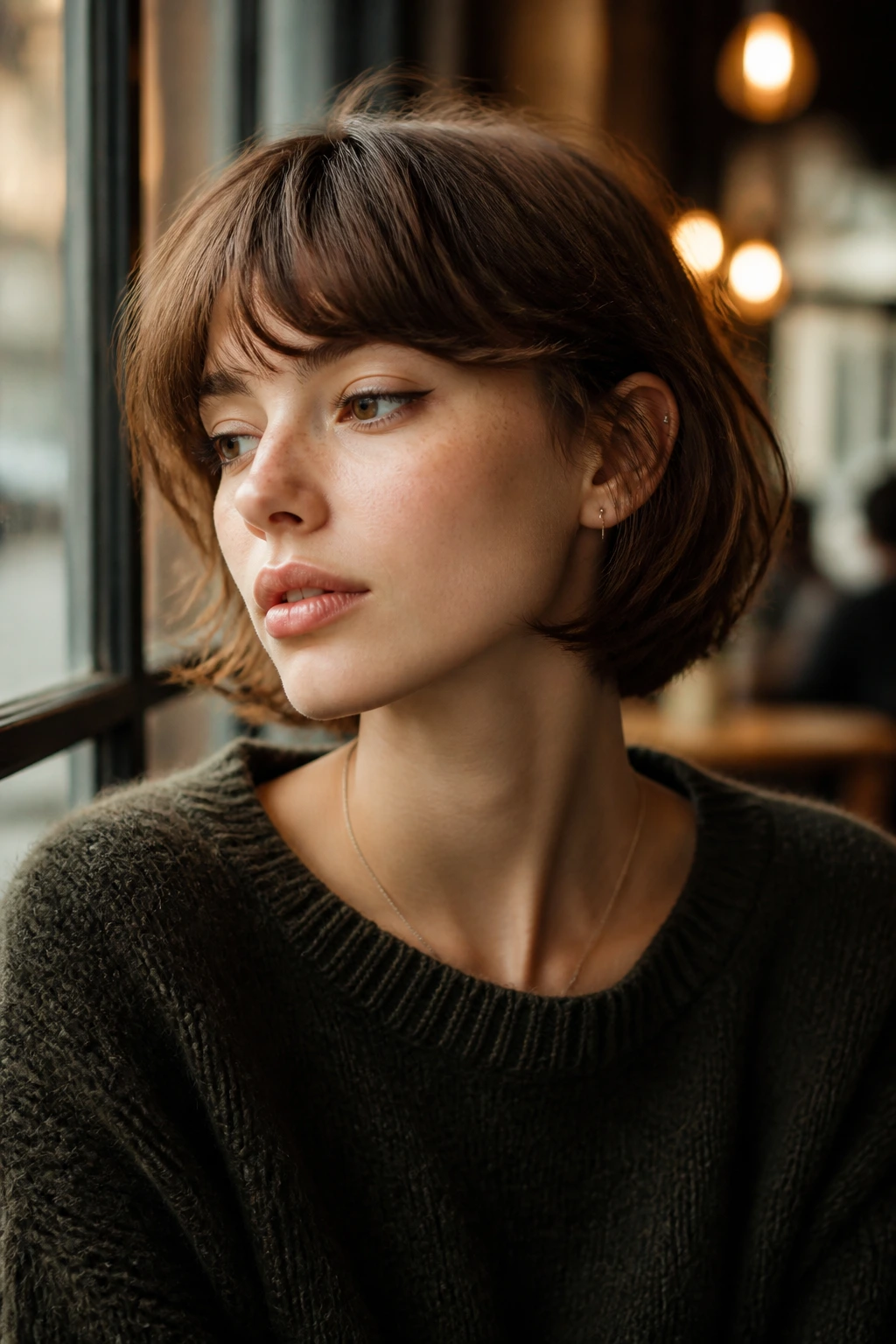 Close-up of a real woman with a softly layered ear-length bob in warm cafe light