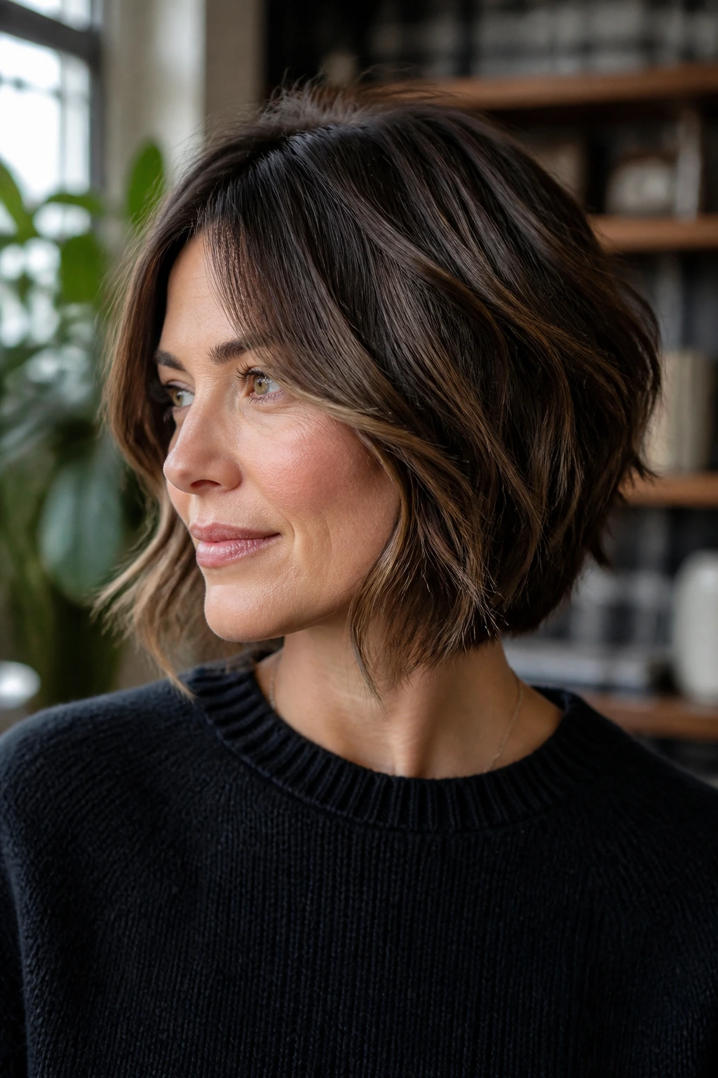 Portrait of real woman with softly layered inverted bob showing internal layers and inward waves, natural light