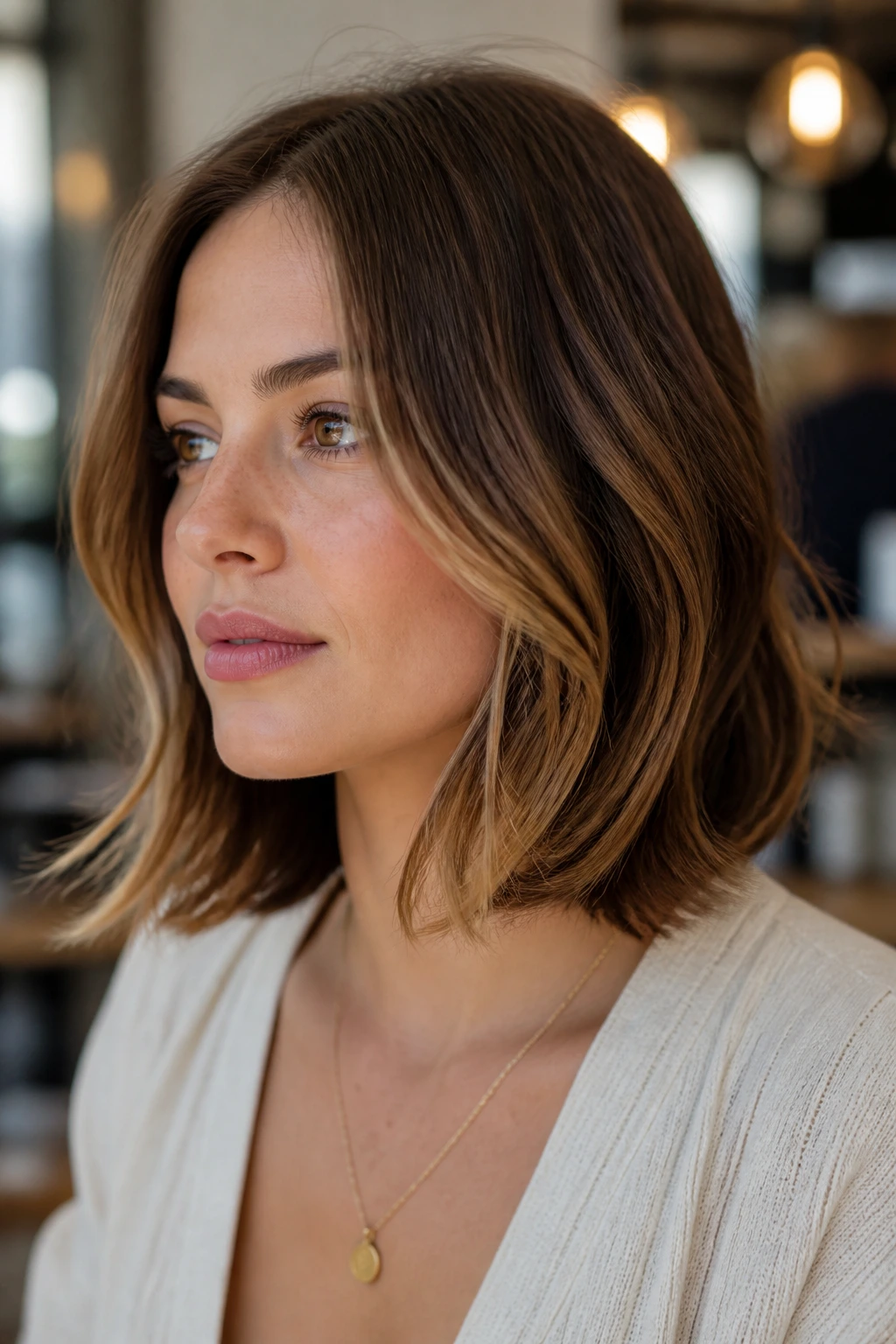 Portrait of a woman with a softly layered lob framing the face