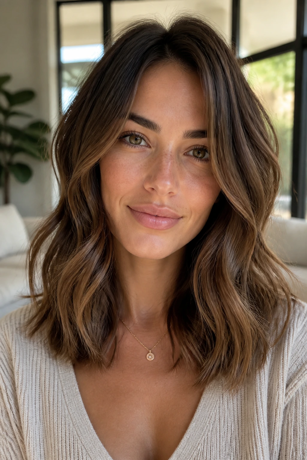 Close-up of a woman with softly layered long bob in a bright living room