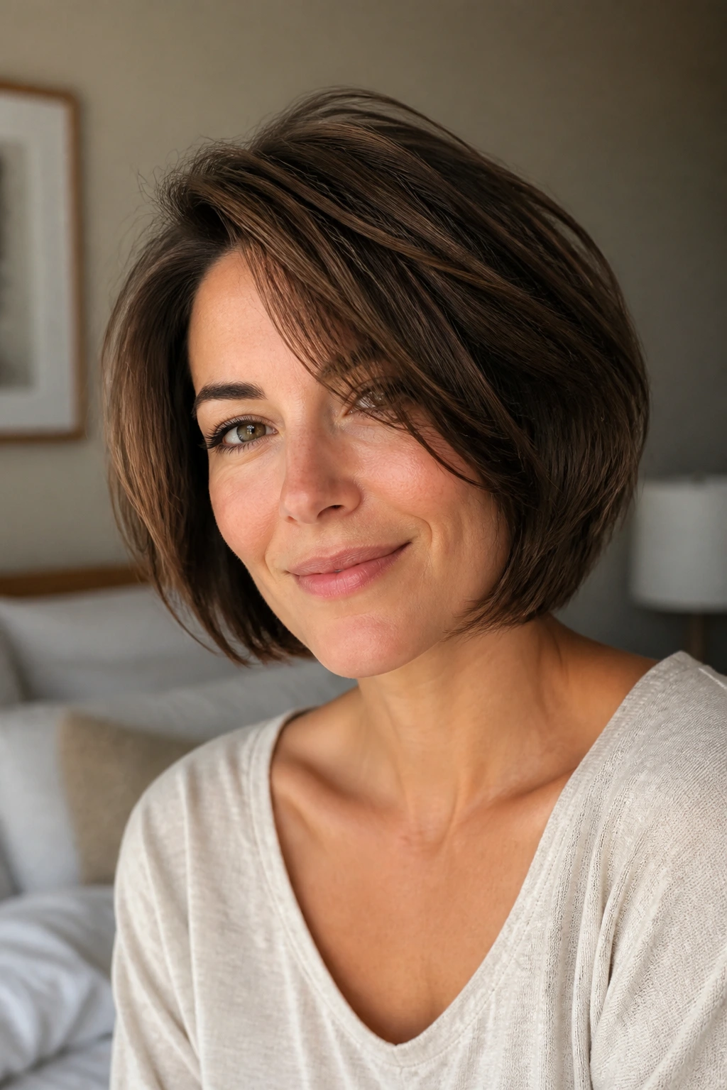 Real woman with softly layered rounded bob in natural morning light