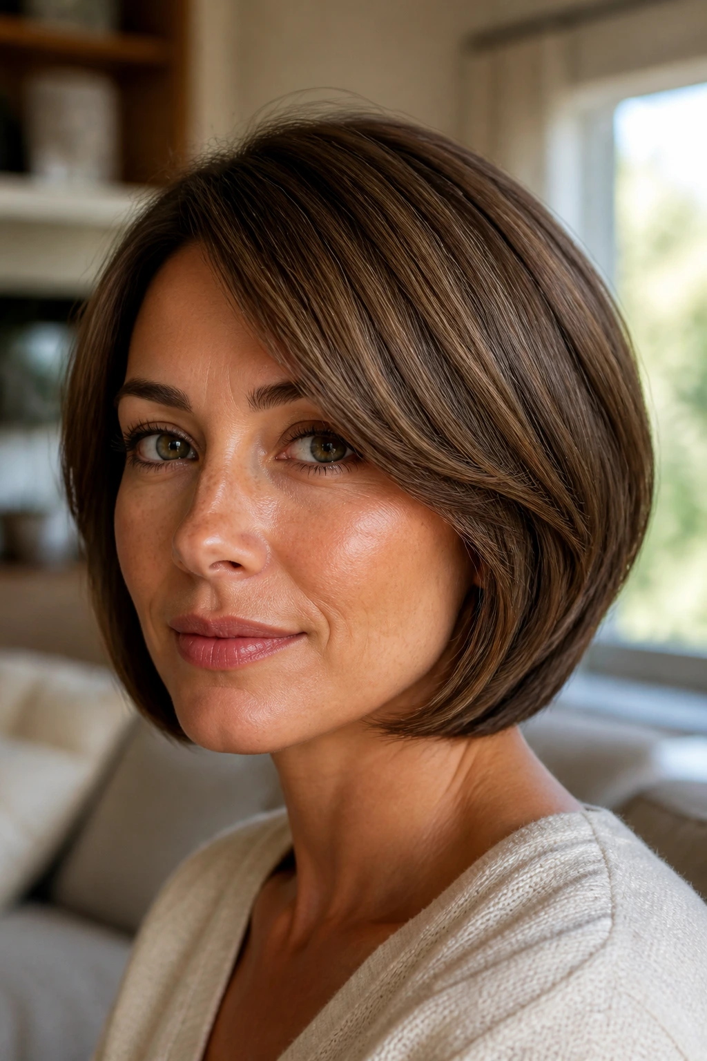Close-up of a woman with softly layered rounded bob