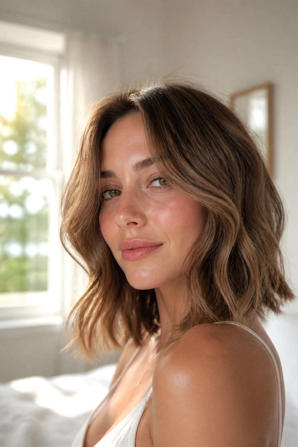 Close-up portrait of a real woman with a softly layered wavy lob.