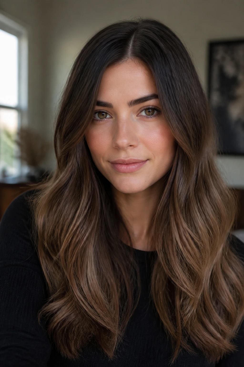 Real woman with chocolate brown sombre hair in natural light