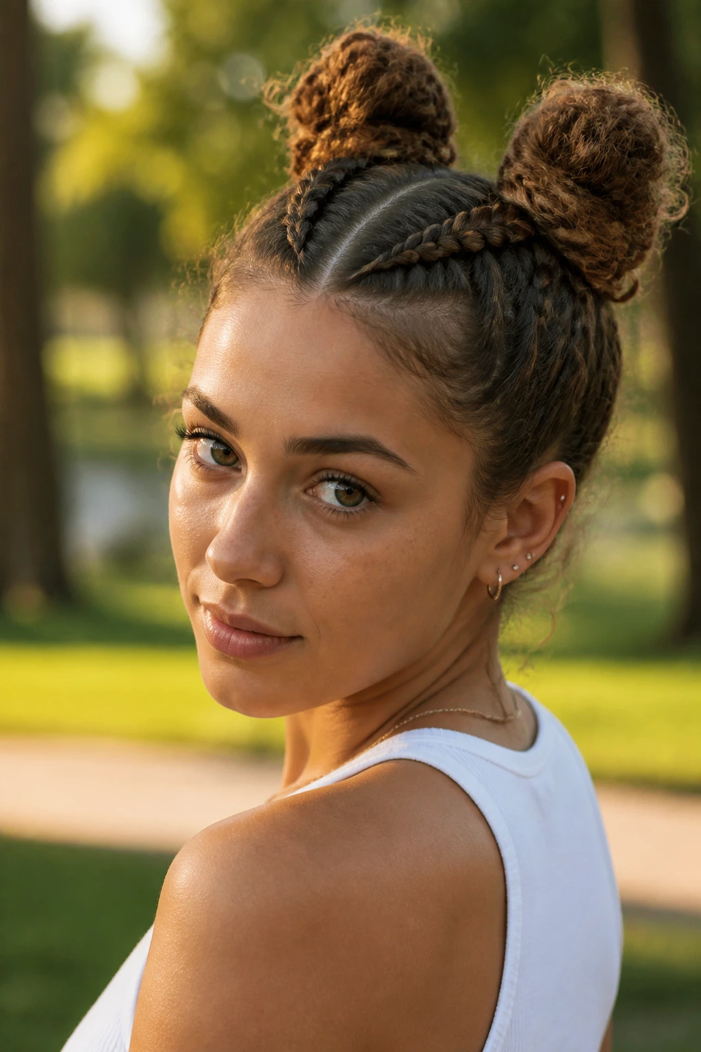 Portrait of a real person with space-bun Dutch hybrid hairstyle outdoors