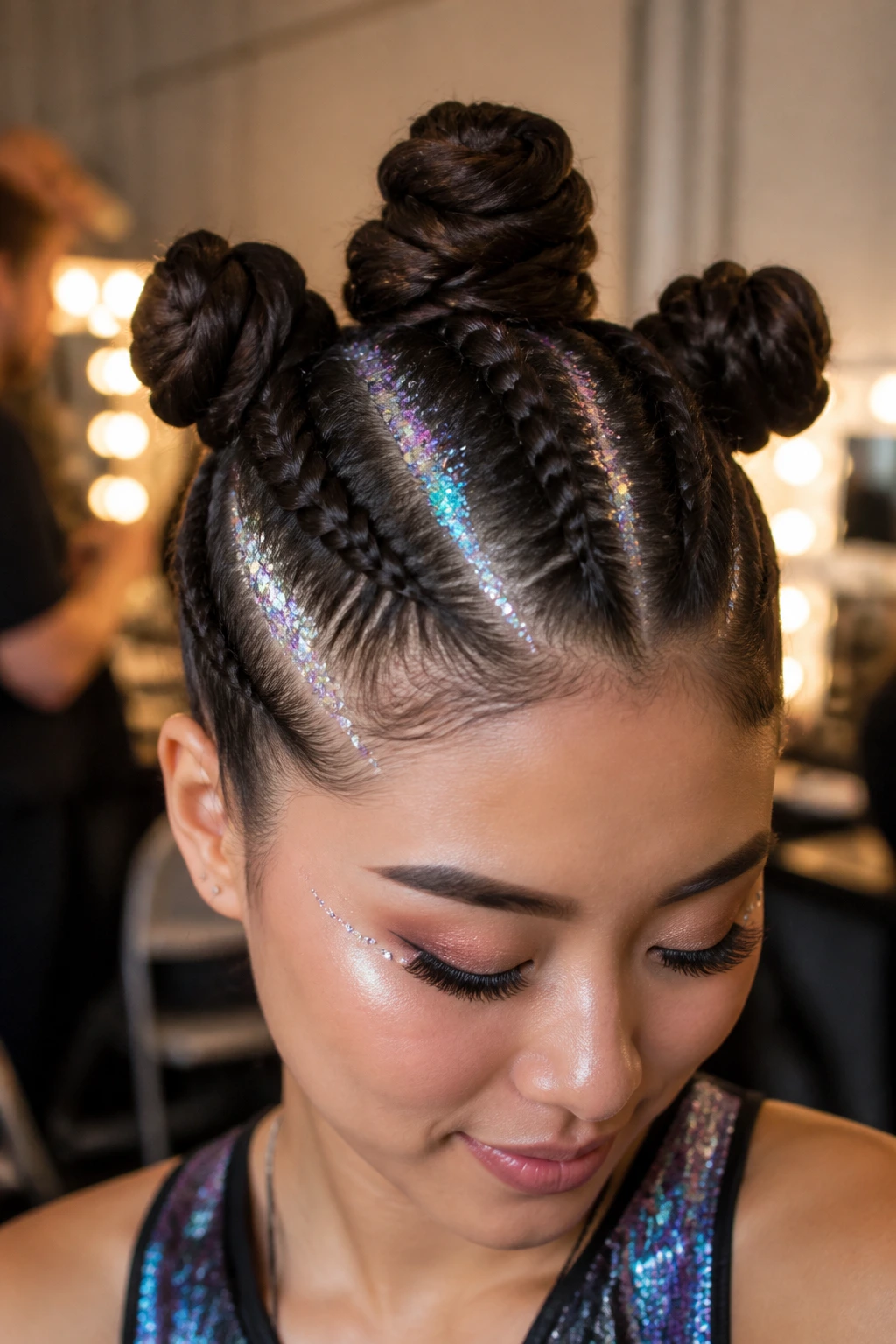 Close-up of a real person with a triple Dutch braid space bun mohawk and holographic unicorn glitter.