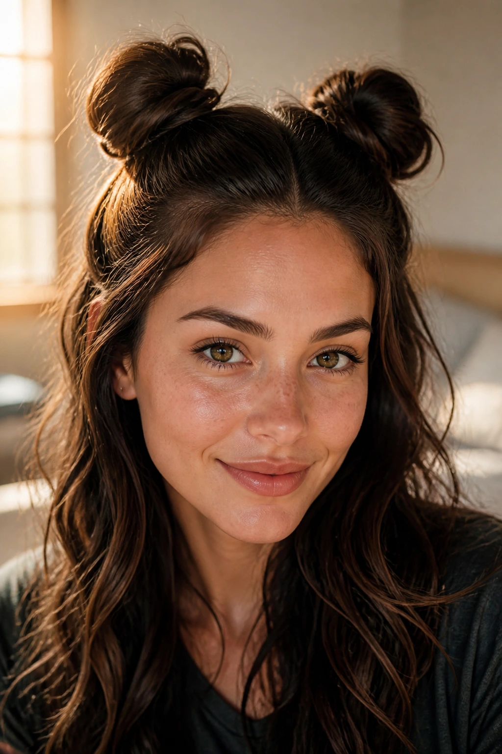 Close-up of a real woman with space bun half-up hairstyle in warm window light