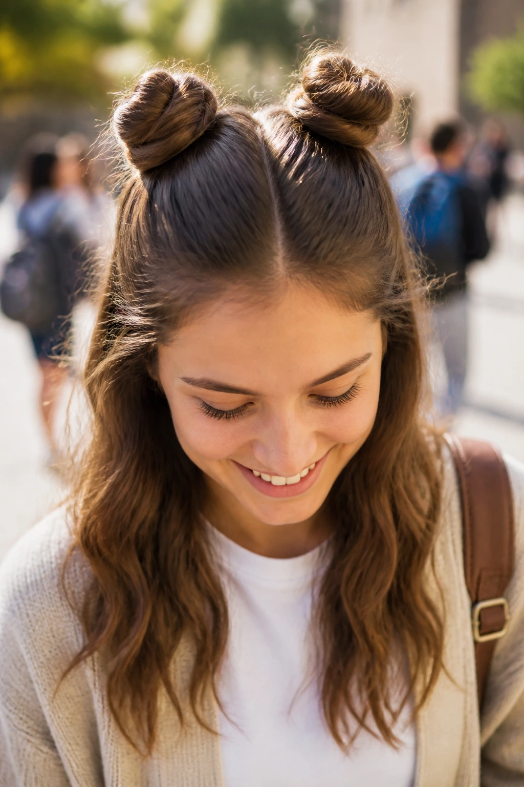 Space bun half-up hairstyle on a real person outdoors.