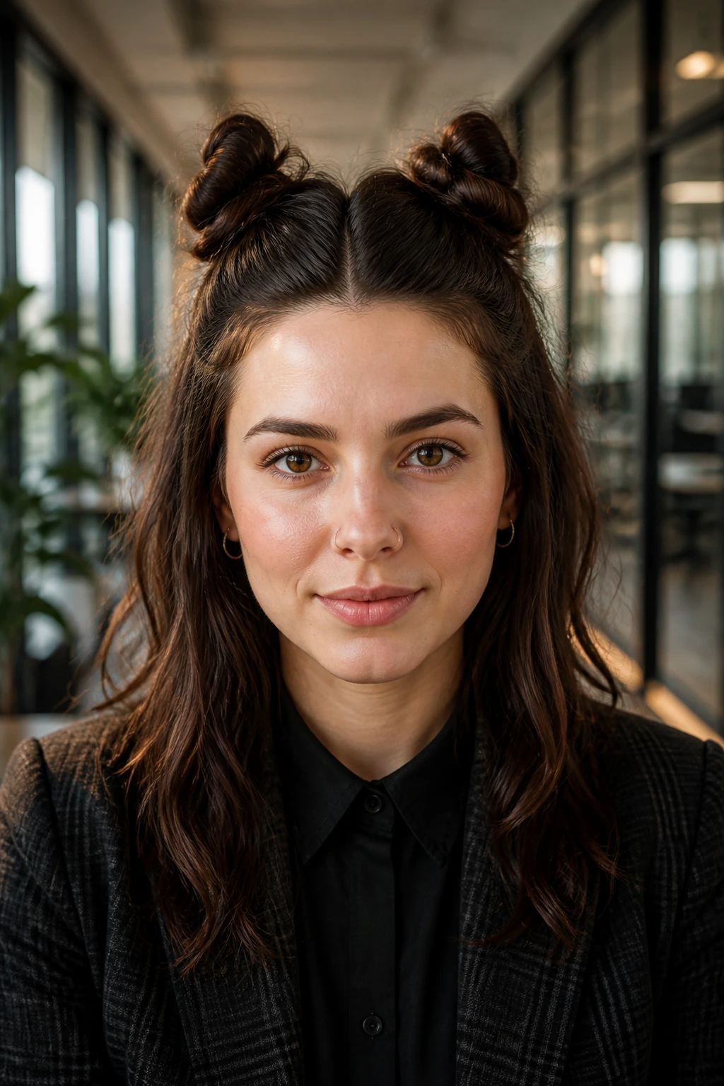 Close-up of a real woman with two small twisted space buns at the crown in a modern office hallway