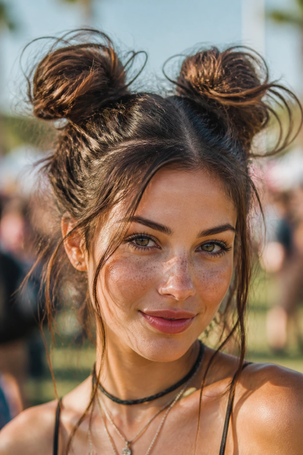 Close-up of a real woman with two messy space buns on top of her head