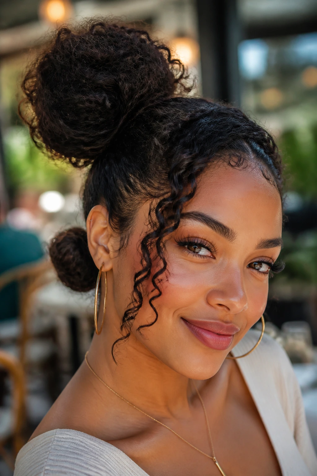 Portrait of a woman with asymmetrical space buns swept to one side.