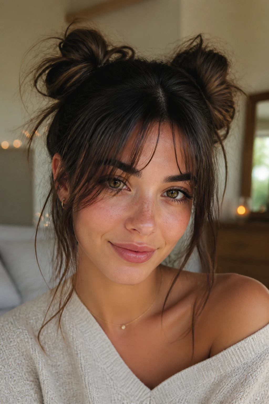 Close-up portrait of a real woman with messy space buns and bangs in a cozy bedroom