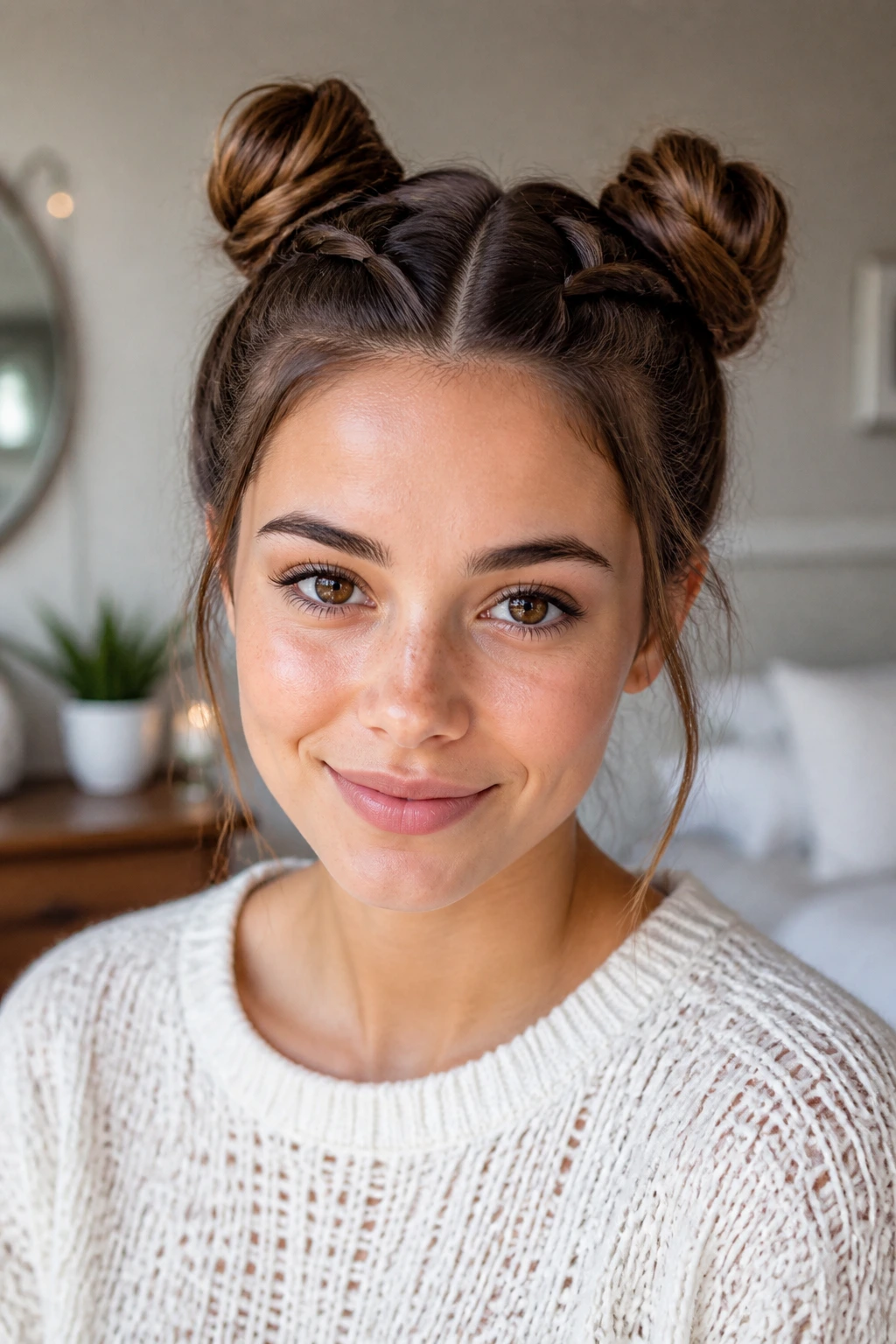 Real woman with two braided pigtails formed into space buns on top of head.