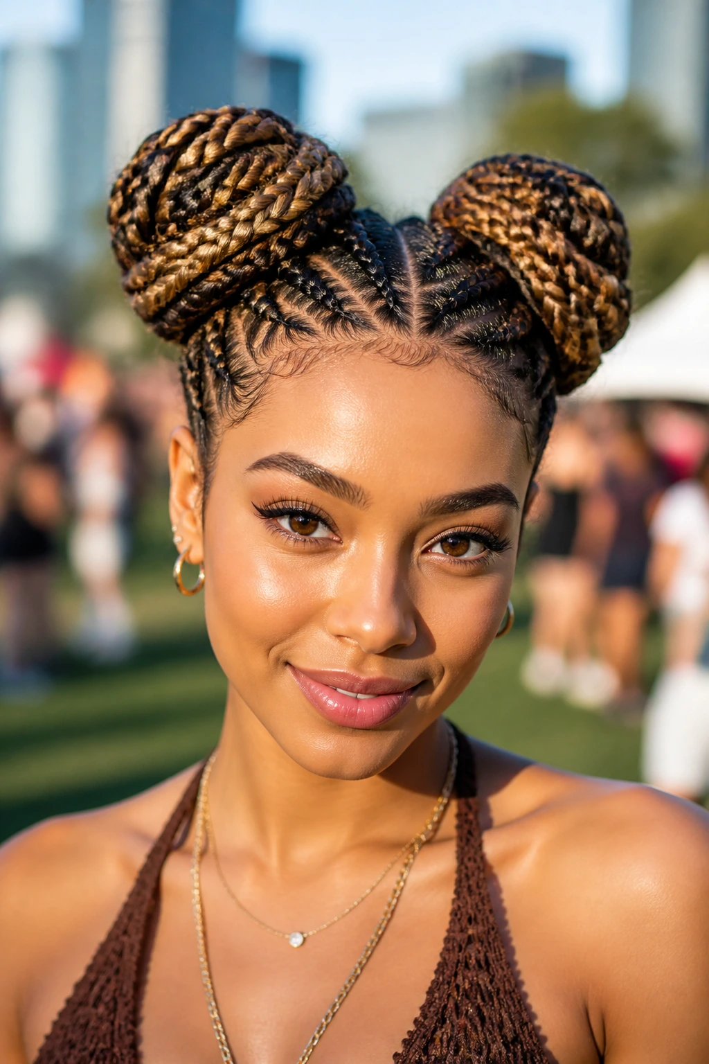 Real person with two braided space buns on top of head