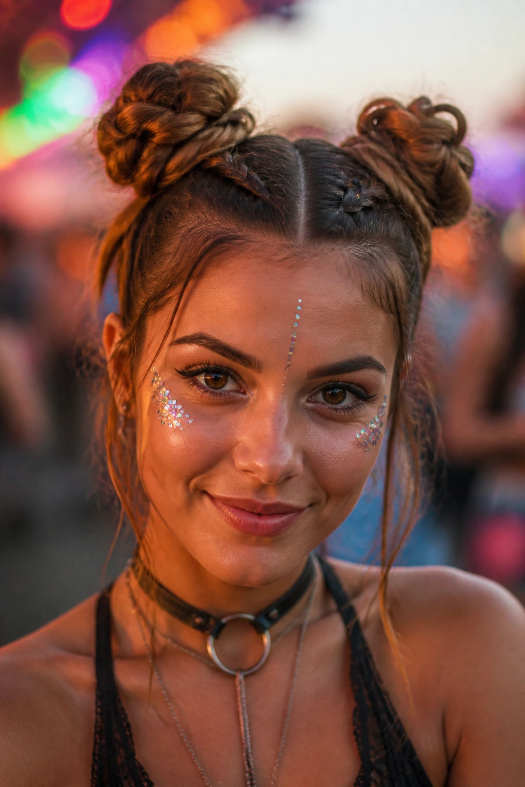 Close-up of a real person with space buns formed from Dutch braids at a festival