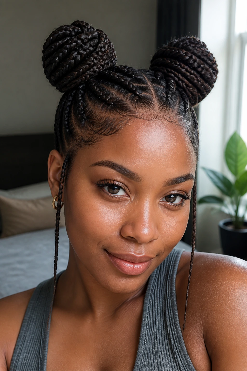 Close-up of a real person with two neat space buns on braided hair