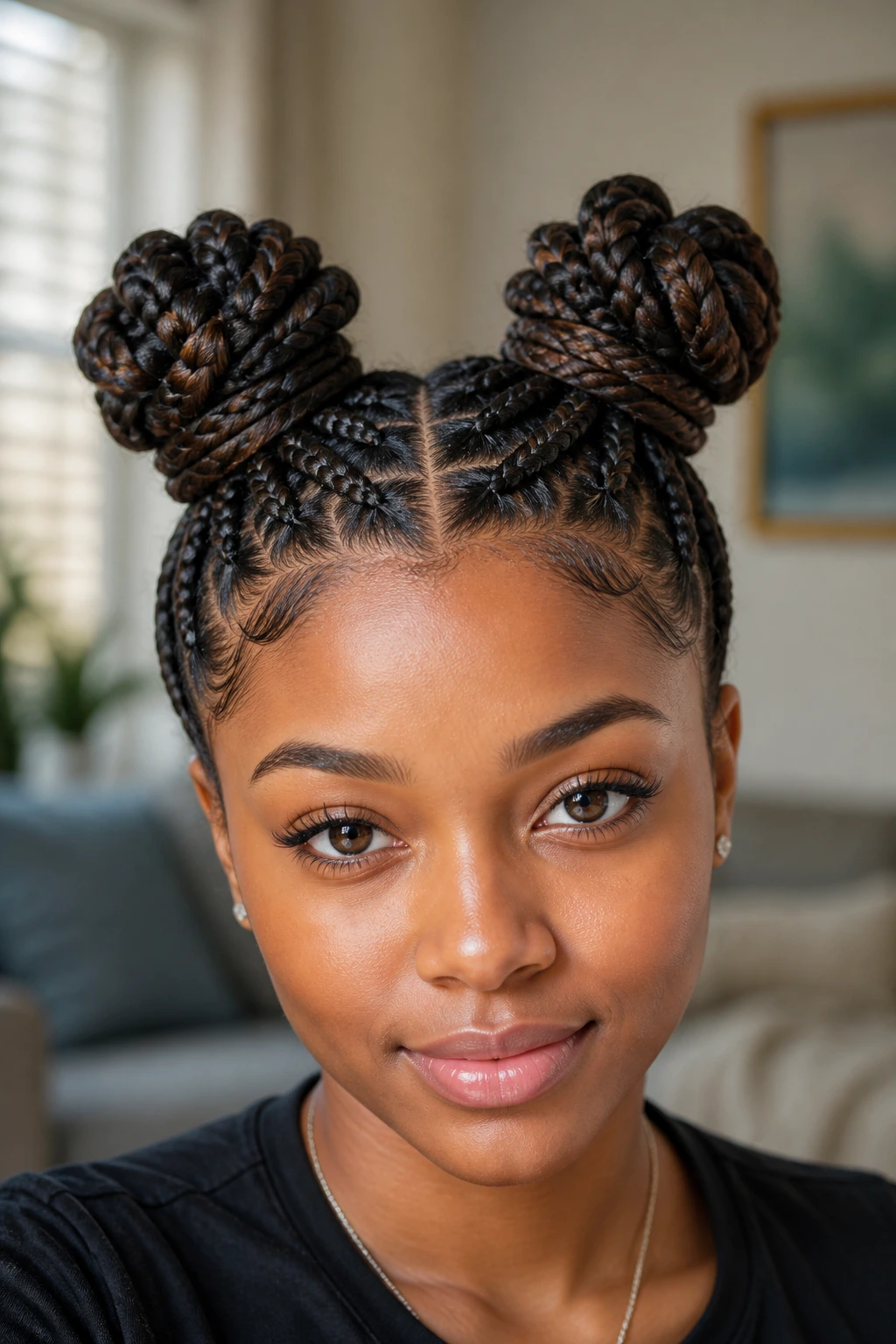 Close-up of a real woman with two braided space buns on top of her head, warm window light.