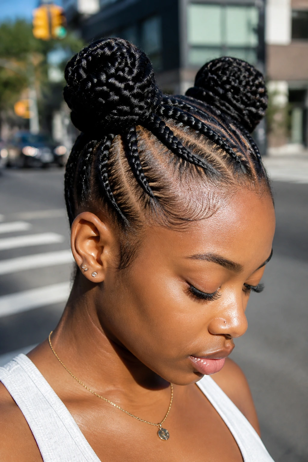 Woman with braided space buns and exposed scalp patterns