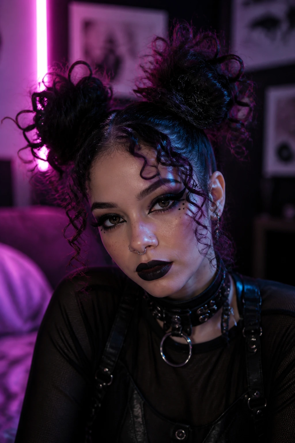 Close-up of a person with space buns and exposed curls in a neon-lit setting