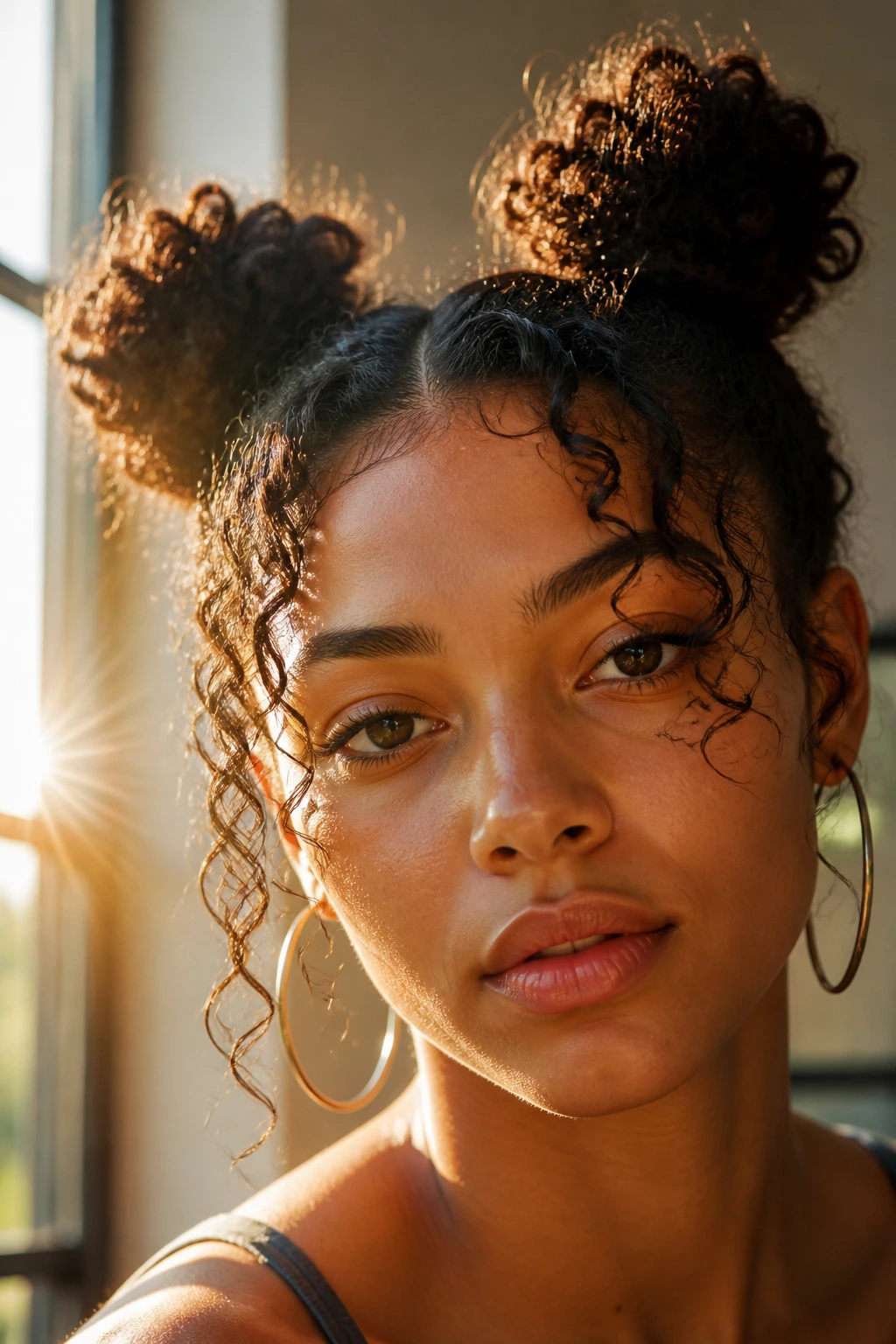 Close-up of a real person with face-framing curly tendrils and space buns