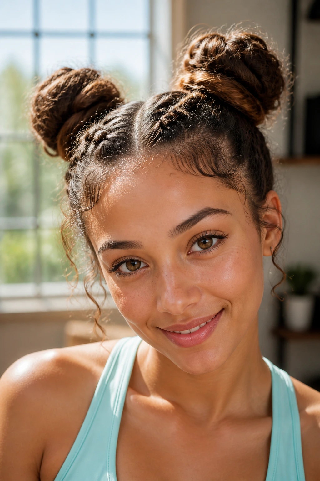 Close-up of a real woman with space buns formed from double braids in a bright room.