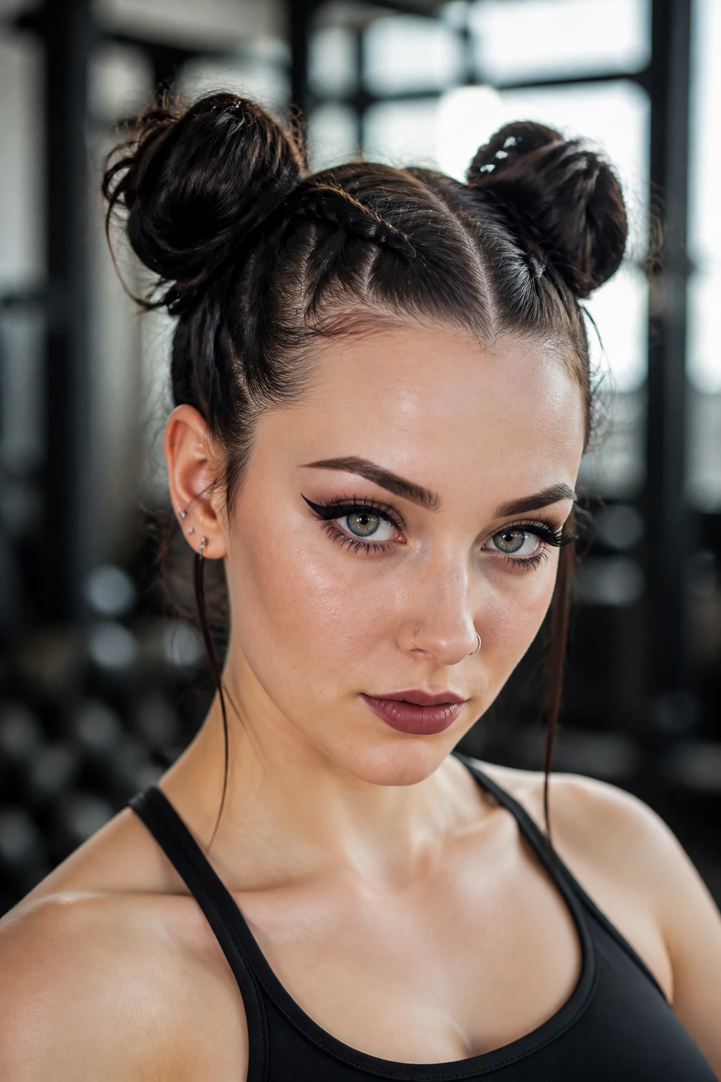 Close-up of a real person with under-braided space buns in a gym setting