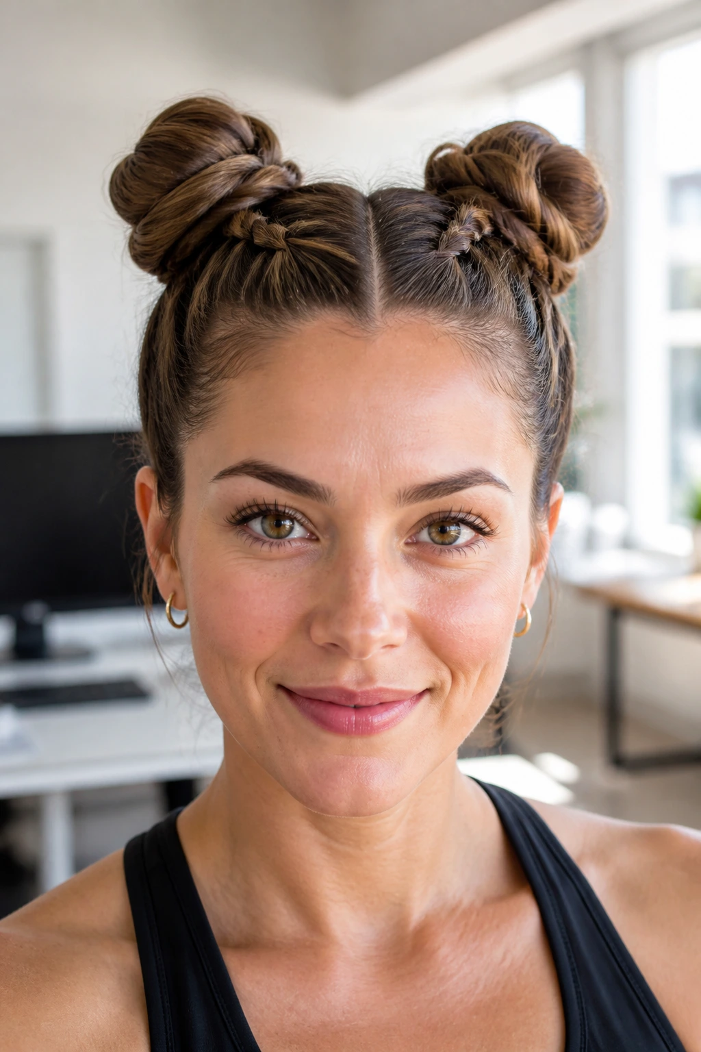 Real woman with Dutch-braided space buns