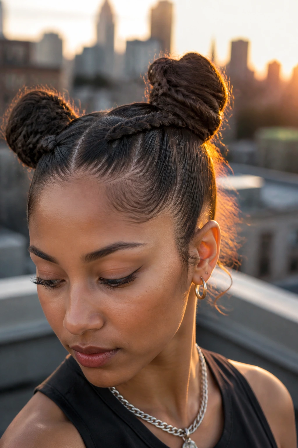 Close-up of a real woman with double Dutch braided space buns
