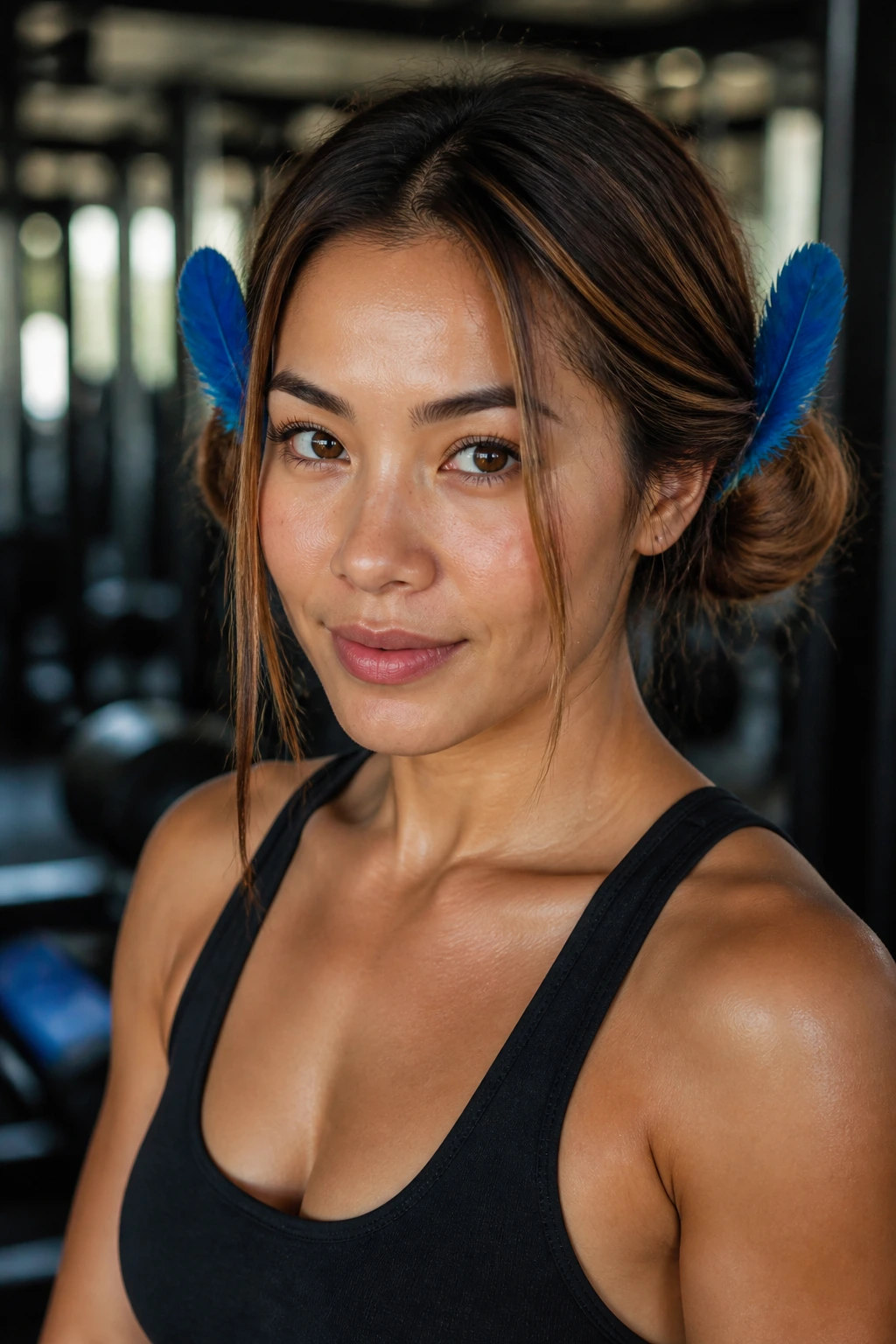 Real woman with two low space buns and blue feathers.
