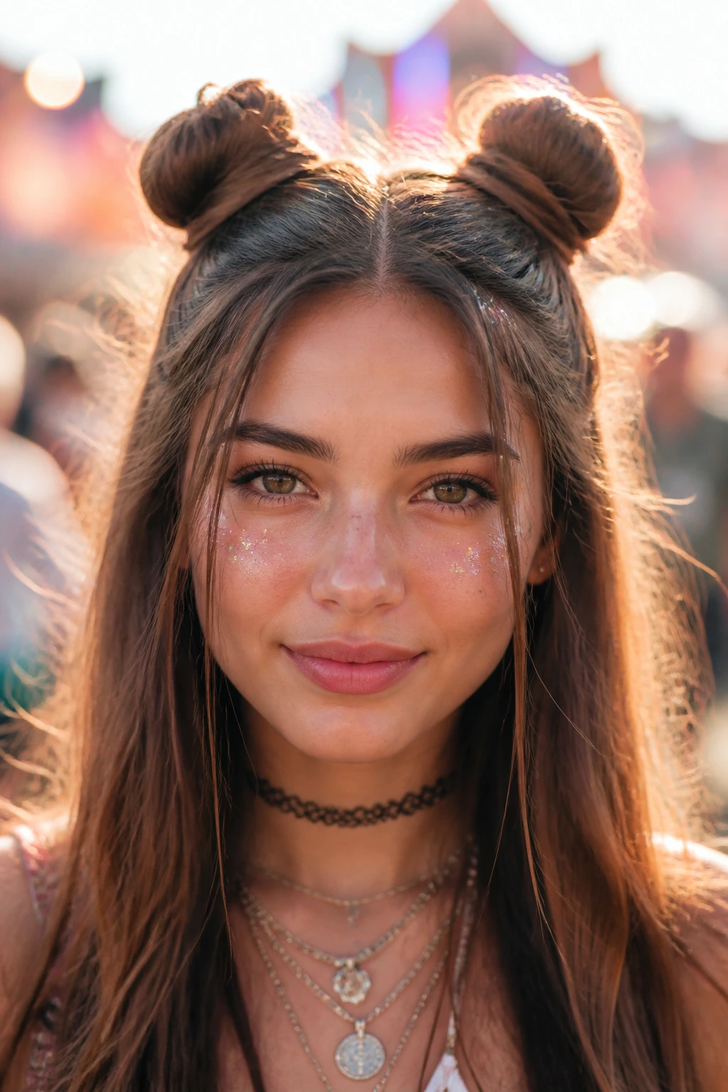 Close-up of a real person with space buns on top, outdoor festival lighting