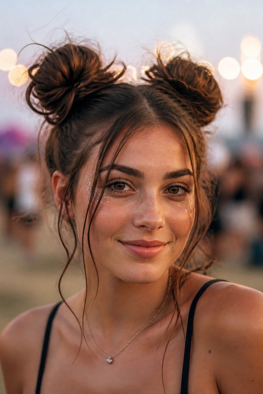 Close-up of a real woman with messy space buns and face-framing tendrils at festival