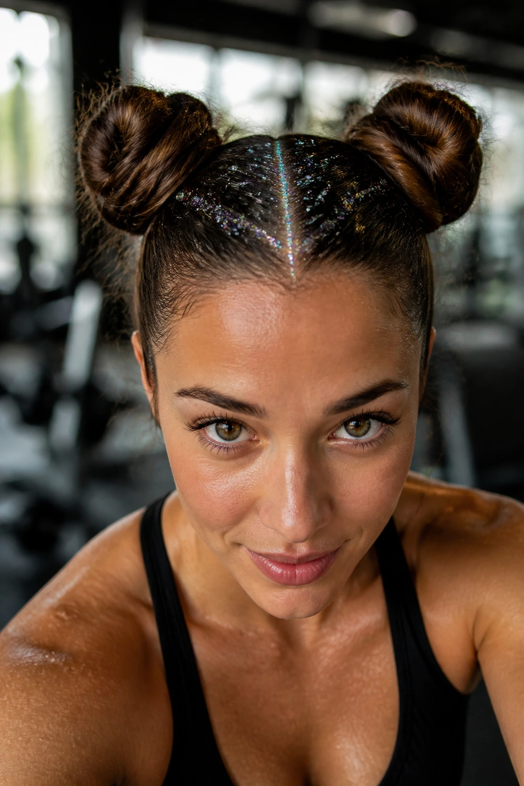 Close-up of space buns with glitter gel parting on a real athlete during workout