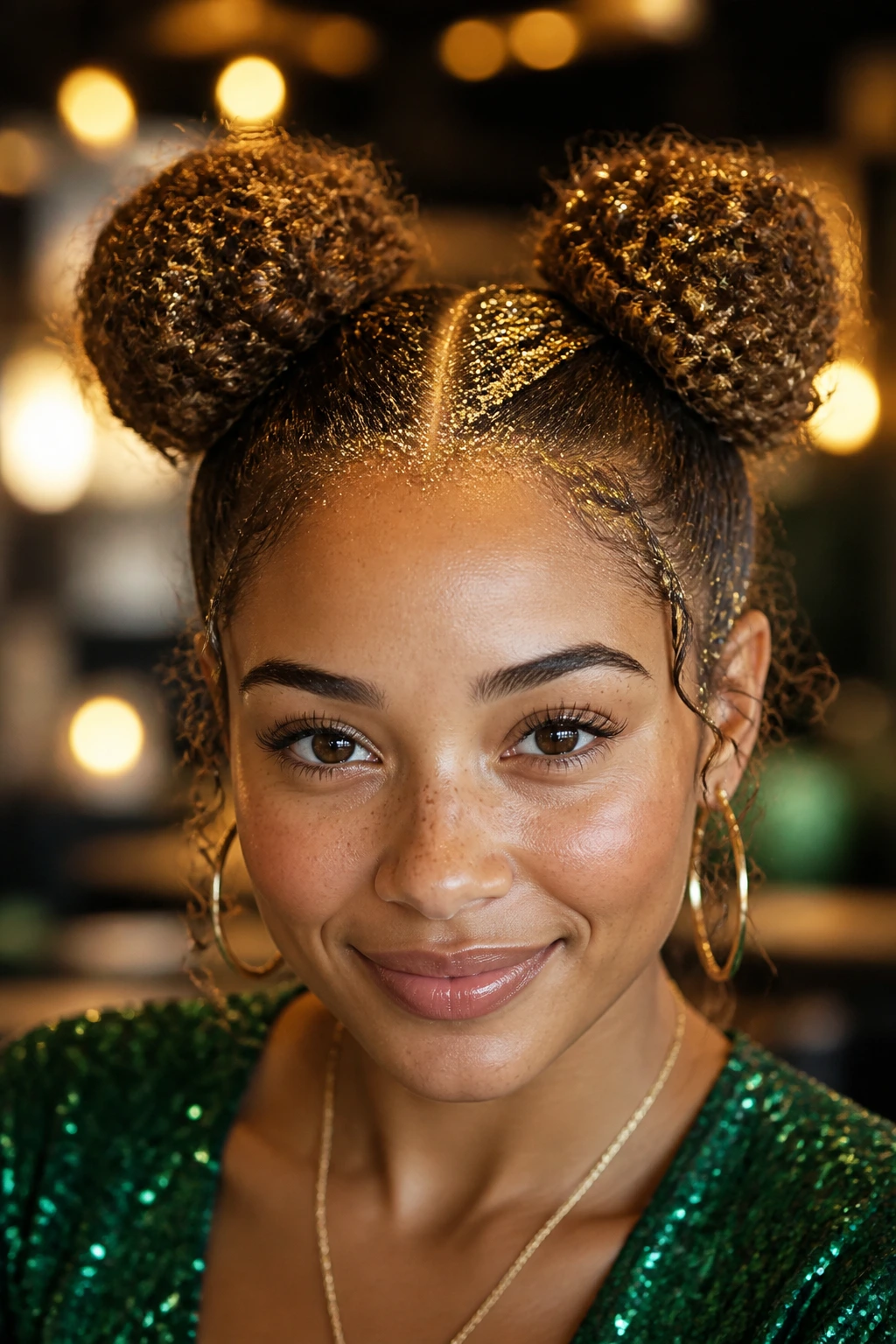 Close-up of a real woman with space buns and gold glitter in a festive hairstyle
