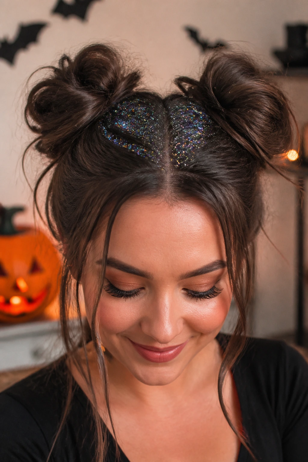 Real woman with two messy space buns and glitter at the roots