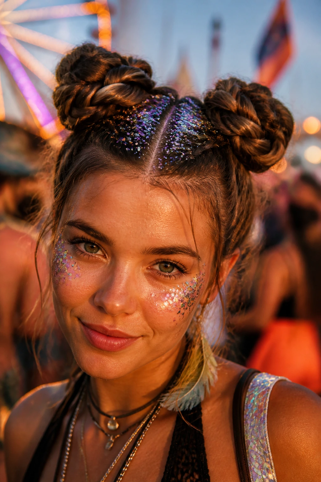 Close-up portrait of a real person with braided space buns and glitter roots at a festival