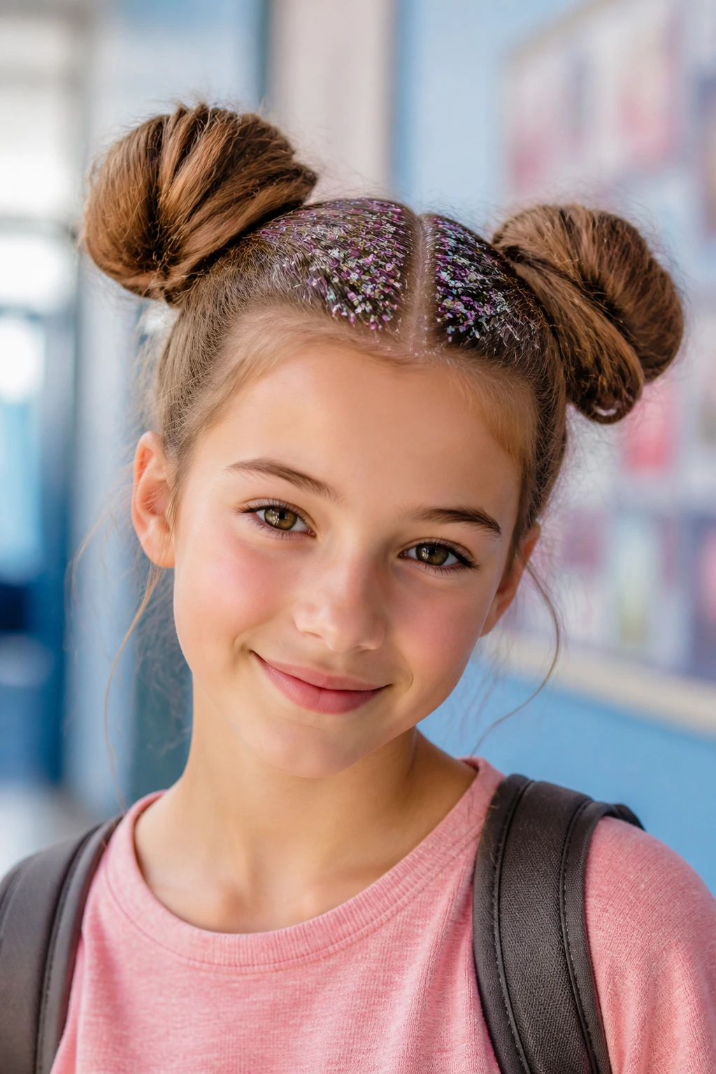 Close-up of a real girl with space buns and glitter roots in a school setting