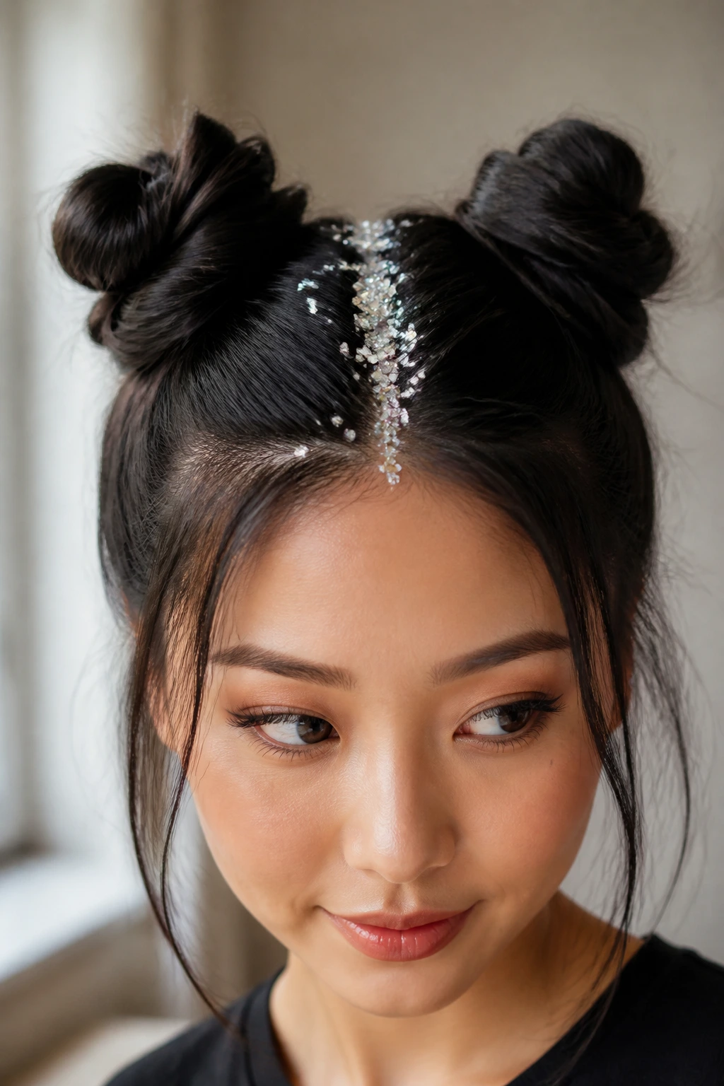 Close-up of real woman with space buns and chunky silver glitter along center part