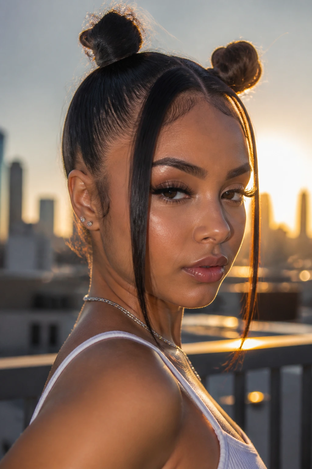 Close-up of two compact space buns with face-framing strands on a real person